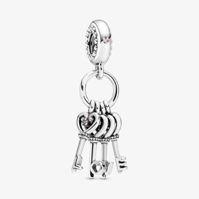 Fler® | Bedel | Past op populaire bedel armbanden (standaard-3mm) | armbandbedel | Keys of Love Bedel | Sleutels der Liefde | Hangbedel Charm | 925 sterling zilver | Roze, Paarse & Blauwe zirkonia | Vriendschap, Verjaardag, Cadeau | Valentijn kado