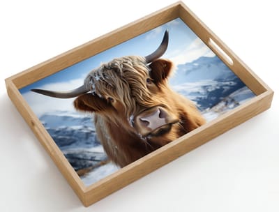 Dienblad hout 50x35 cm - Schootdienblad - Schotse hooglander - Bergen - Sneeuw - Borrelplank rechthoek - Plateau dienbladen