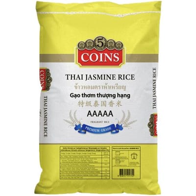 Thaise Jasmijnrijst - 5 Coins - Ambient Voedsel - 18 kg zak. Perfecte, luchtige rijst voor authentieke Aziatische gerechten.