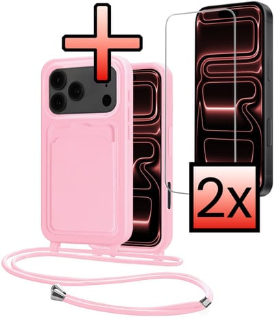 Hoes Geschikt voor iPhone 17 Pro Hoesje Pasjeshouder Cover Met Koord Case Siliconen Hoes Met Telefoonkoord en Kaarthouder Met 2x Screenprotector - Lichtroze