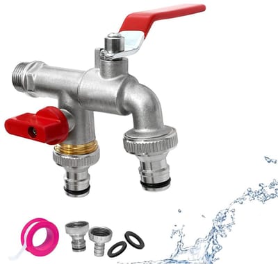 1/2 inch, dubbele kraan met 2 x gratis slangaansluitingen en 1 x rolafdichtingstape, kogelkraan voor tuin, huishouden en industrieel huishouden (rood)