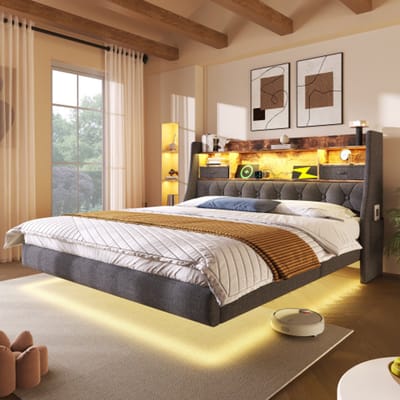 MODFU Gestoffeerd Tweepersoonsbed – 160x200 cm – LED & USB – Retro – Opberghoofdbord – Linnen – Grijs