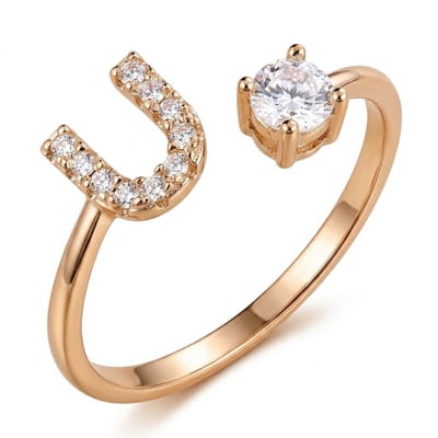 Goudkleurige en witkleurige ring met initiaal U voor dames en heren – letter ring met zirkonia steen – open ring met U ontwerp en ronde steen