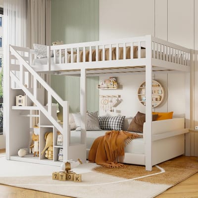 Hoogslaper met Kast en Trap voor Kinderen en Tieners, Massief Hout, Wit (140 x 200 cm)