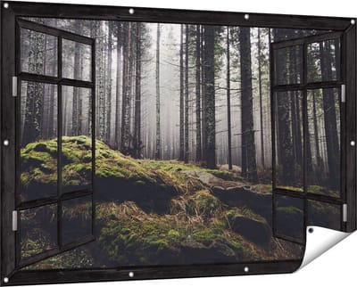 Gards Tuinposter Doorkijk Bos met Mos op Rotsen - 150x100 cm - Tuindoek - Tuindecoratie - Wanddecoratie buiten - Tuinschilderij