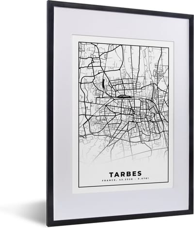Fotolijst incl. Poster Zwart Wit- Kaart - Tarbes - Plattegrond - Frankrijk - Stadskaart - Zwart wit - 30x40 cm - Posterlijst
