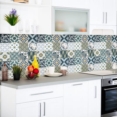 Tegelstickers voor de muur in keuken en badkamer - 24 cementtegelstickers, Azulejos-stijl, Rony - 24 stickers, 20x20 cm