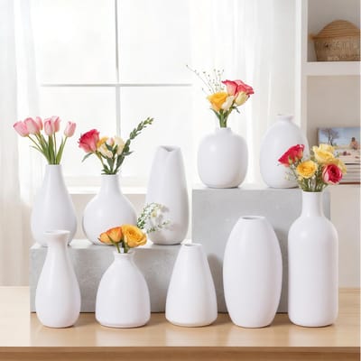 Set met kleine witte keramische vazen, mini-bloemenvazen voor pampasbloemen en kruiden, boho-tafeldecoratie voor feesten/bruiloften/DIY/salontafeldecoratie (10, wit)