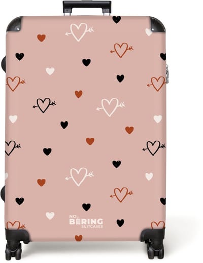 NoBoringSuitcases.com® - Koffer groot - Reiskoffer lichtgewicht - Hartjes met pijlen in zwart, wit en roze - Rolkoffer met 4 wielen - Grote trolley XL - 98 liter bagage