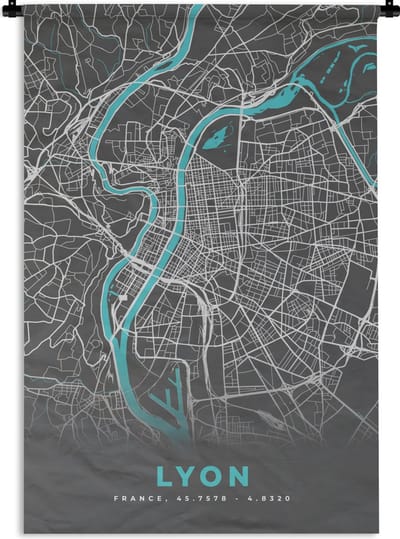 Wandkleed - Wanddoek - Lyon - Plattegrond - Kaart - Stadskaart - Frankrijk - 120x180 cm - Wandtapijt