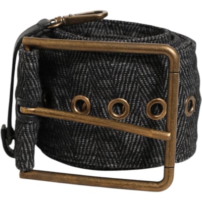 Dolce & Gabbana Grijze Stof Logo Plaat Metaal Messing Gesp Riem