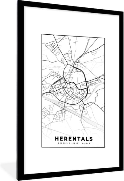 Fotolijst incl. Poster Zwart Wit- Stadskaart – Plattegrond – België – Zwart Wit – Herentals – Kaart - 60x90 cm - Posterlijst