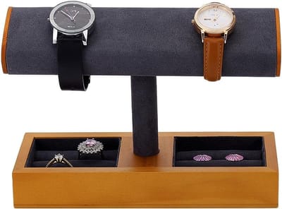 Houten Horloge Stand met Velvet Tray, Sieraden Organizer en Ring Slot voor Thuis en Winkels, Grijs