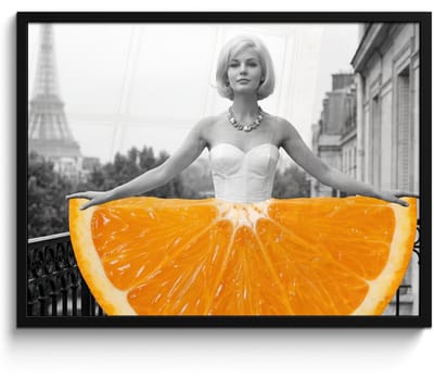 Poster in lijst - Fotolijst 80x60 cm - Posters - Sinaasappel - Eiffeltoren - Vrouw - Posterlijst zwart - Decoratie - Wanddecoratie woonkamer - Muurdecoratie slaapkamer