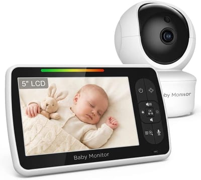 Babyfoon met camera en audio, 5-inch scherm, slimme babyfoon, kan video's bekijken zonder wifi, 120° verticaal kantelen, 355° draaien, nachtzicht, tweewegcommunicatie, spraakbediening.
