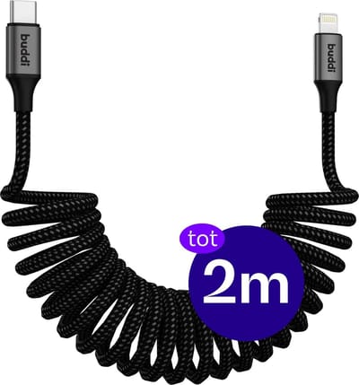 Buddi Flex | Uitrekbare USB-C naar Lightning Krul Kabel 12W Fast Charge | Gevlochten Elastisch Nylon | Krulsnoer | Spiraalkabel | Ideaal voor in de auto | 2M | 2 Meter | Zwart