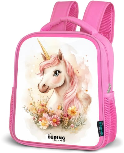 NoBoringSuitcases.com® - Rugzak roze - Schooltas meisjes - Eenhoorn met roze manen tussen pastelbloemen - Kinder rugtas meisje - Boekentas kind - Kinderrugzak voor school - Schoolrugzak