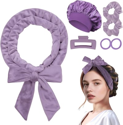 SnelShoppen - Heatless Curler Set voor Krullen zonder Hitte, Krulstokken met Slaapmuts, Clips & Haarrubbers voor Lang Haar (Paars)