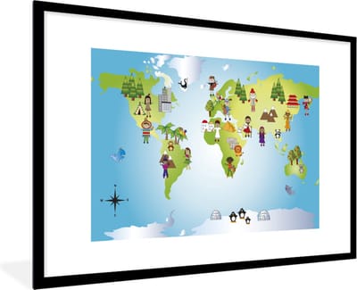 Wereldkaart - Kinderen - Natuur - Illustratie - Jongens - Meisjes - Schoolplaat - Kinderkamer - 90x60 cm