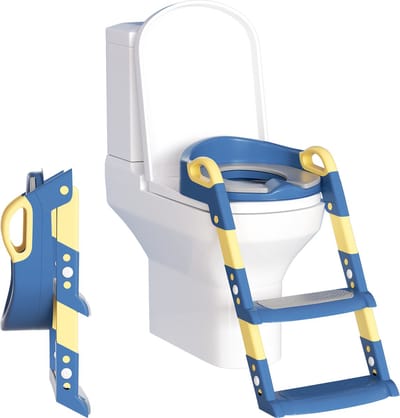 Toiletbril met Trapje - Toilettrainer met Handvaten en Opstapje - Opvouwbaar Toilet Bril Zitje - WC Zindelijkheids Training voor Jongens/Meisjes - Kindertoiletbril Urinoirs voor Kind/Peuter van 2 tot 7 jaar - Toiletverkleiner Blauw