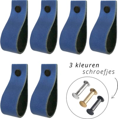 Handles and more - 6x Leren handgrepen lusjes - Blauw - XS (12,6cm) - incl. 3 kleuren schroefjes (handgreepjes - leren handgrepen - greepjes - leren lusjes)