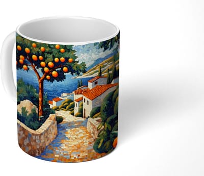 Mok - Koffiemok - Huizen - Mozaïek - Sinaasappelbomen - Zee - Mokken - 350 ML - Beker - Koffiemokken - Theemok
