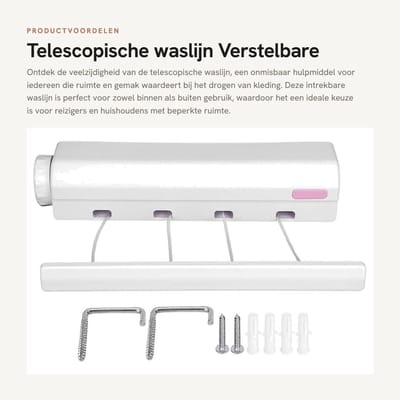Dailygoods- Waslijn Telescopisch - Verstelbaar - Intrekbaar - Draagbaar - Voor Binnen/Buiten - Belastbaar tot 8 kg - Kledingdroger