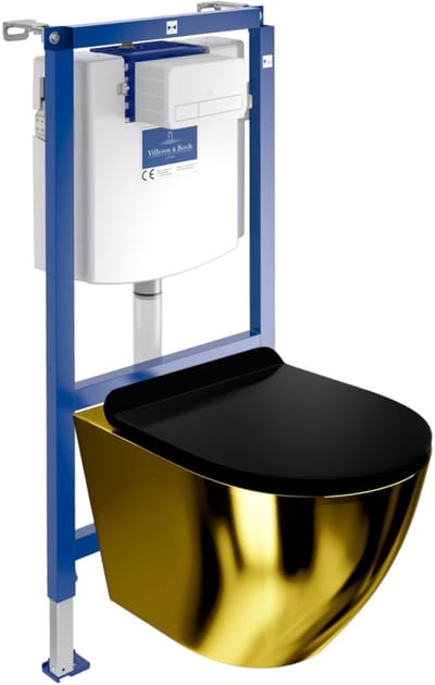 Villeroy&Boch Inbouwreservoir Complete Toiletset ViConnect H112 - Inbouw WC Hangtoilet Wandcloset SOFI SLIM GOLD BLACK - Bedieningsplaat Wit - Voorwandelement voor toilet - Installatiesysteem
