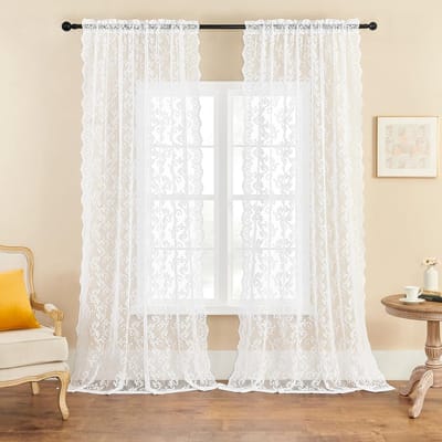 Bloemgordijnen van kasjmier kant voor woonkamer, slaapkamer, eetkamer, groot raam, doorschijnend, neutraal, met stangzak en lichtfiltering, 132 x 274 cm, wit, 2 stuks