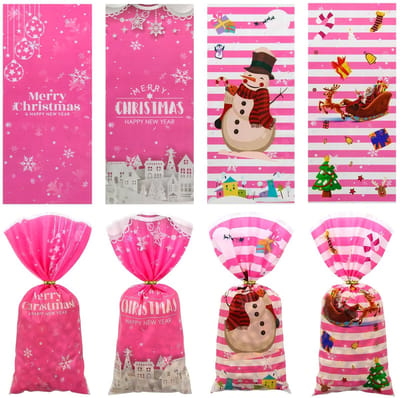 Dailygoods- Snoepzakjes 100 Stuks - Roze Kerstmotief - Cadeautas - Geschenktas - Snoepzakjes - Opbergzakken - Vrolijk Kerstfeest