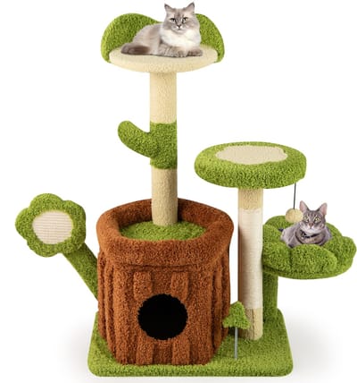COSTWAY Krabpaal, kattenboom met kattenmand, platforms, pluche slaapbed, bal & plank, kattenkrabpaal katten, kattenmeubel, klimboom, activiteitsboom, groen + bruin (55 x 40 x 92 cm)