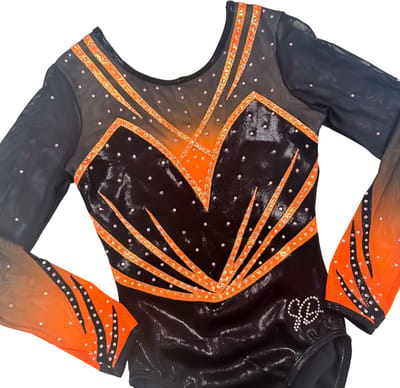 Sparkle&Dream Turnpakje Bibi Zwart Oranje Lange Mouw - Maat AXXL M/L - Gympakje voor Turnen, Acro, Trampoline en Gymnastiek