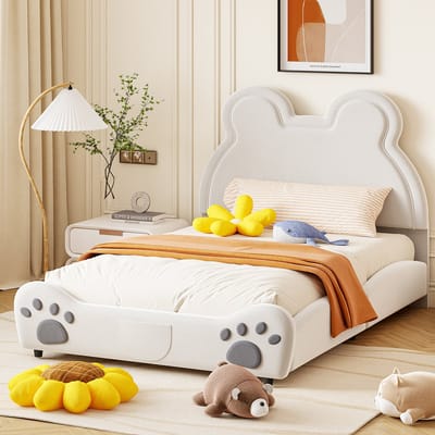 DESMIU Kinderbed 140 x 200 cm – Berenvormig Gestoffeerd Bed – Speels Design Met Zachte Bekleding – Voor Kinderkamer – Zacht Fluweel – Wit – Zonder matras