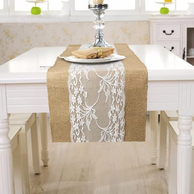 Natuurlijk Jute Met Kant Tafelloper Vintage Boerderij Tafelblad Boho Decor Voor Bruiloften Feesten BBQ Alledaagse Decoratie 30x108cm beige