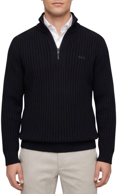 Boss Orange Trui Half Zip Zwart wol grof gebreid