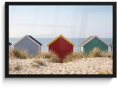 Poster in lijst - Fotolijst 60x40 cm - Posters - Strand - Huisjes - Kleurrijk - Duinen - Posterlijst zwart - Decoratie - Wanddecoratie woonkamer - Muurdecoratie slaapkamer