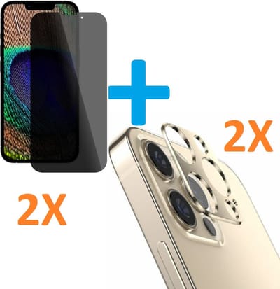 2X Privacy Scherm Tempered Glass Screen Protector Anti-Spy + 2X Camera lens Beschermer goud Geschikt voor: Apple iPhone 13 Pro
