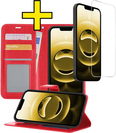 Hoesje - Met Screenprotector - Geschikt voor Apple iPhone 16e - Luxe Pasjeshouder - Bookcase Portemonee - Flip Case - Kunstleer Book Case - Flipcase - Book Cover - Walletcase - Portemonneehoes - Telefoonhoesjes - Rood