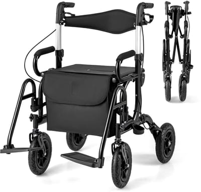 COSTWAY Rollator met luchtbanden, opvouwbaar en licht, met zitting, 2-in-1 rolstoel en reisrollator, aluminium, tot 140 kg, loophulp 6-voudig in hoogte verstelbaar, loopwagen met tas en stokhouder
