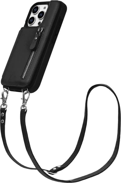 CaseBoutique Backcase hoesje geschikt voor iPhone 16 Pro - Effen Zwart - Kunstleer - met Crossbody Koord, Pashouder & Ritsvakje