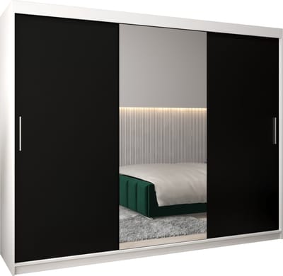 InspireMe - Kledingkast met 3 schuifdeuren, Modern-stijl, Kledingkast met planken (BxHxD): 250x200x62 - TORM I 250 Zwart mat + Wit Mat mat 4 lades