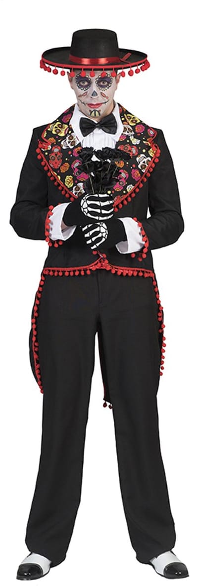 Funny Fashion - Spaans & Mexicaans Kostuum - Muerto Manuel Kostuum - zwart - Maat 60-62 - Halloween - Verkleedkleding