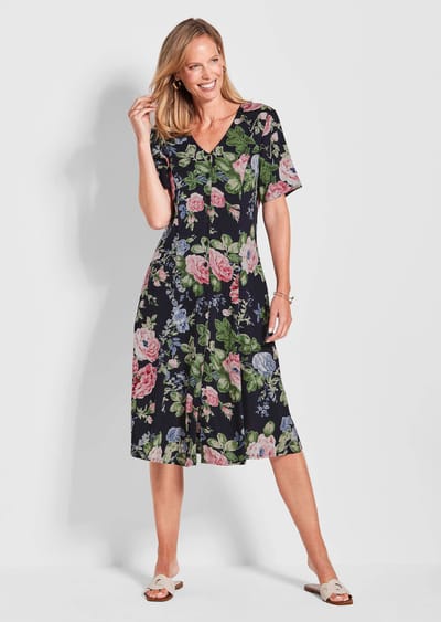 Romantische jurk met bloemenprint allover - marine / gedess. - Gr. 19 van Goldner Fashion