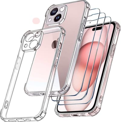 Hoesje Geschikt voor iPhone 15 Plus – Transparant Siliconen Anti Shock backcover hoesje – Met Glazen Screenprotector – 3 pack