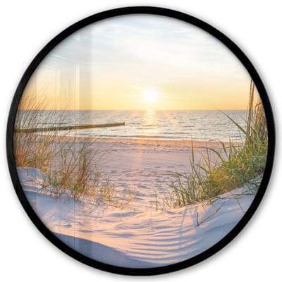 Poster in lijst Rond - Fotolijst 40x40 cm - Posters - Strand - Zon - Duin - Gras - Zand - Horizon - Ronde posterlijst zwart - Decoratie - Wanddecoratie woonkamer - Muurdecoratie slaapkamer