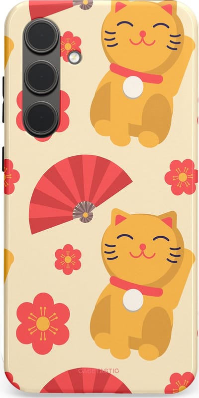 Casetastic hoesje geschikt voor Samsung Galaxy S24 Plus - Dubbellaagse bescherming - Japanse Poezenvreugde - Lucky Cats - Fashion Case - Crème Koraal Goud