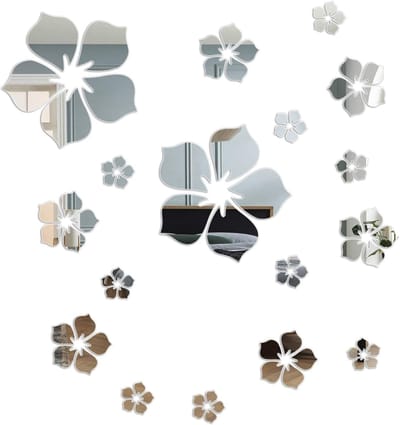 18-delige set - Acryl spiegel muurstickers - Bloemenpatroon - Zelfklevend - Wanddecoratie - Zelfklevende spiegel - 3D bloemen - Geschikt voor woonkamers, slaapkamers en badkamers - Zilver