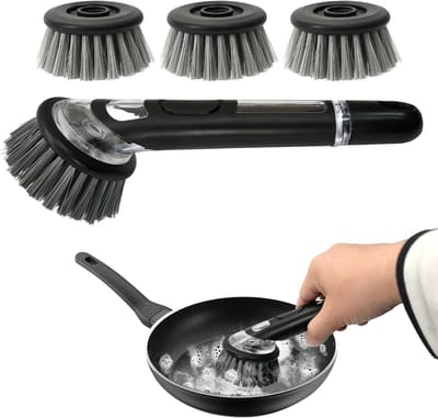 Vaatwasborstel met Dispenser en 3 Vervangende Koppen, Sterke Vlekverwijdering, Harde Borstels, Ergonomische Grip en Duurzaam Ontwerp