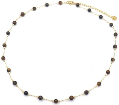 Ketting - Kralen Tijgeroog - RVS - Lengte 39-44 cm - Goudkleurig