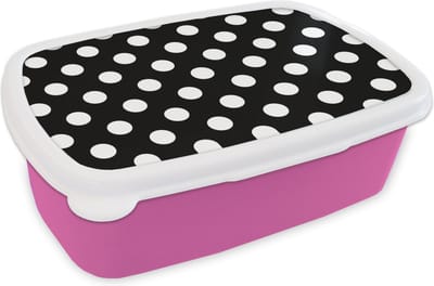 Broodtrommel Roze - Lunchbox - Brooddoos - Stippen - Patronen - Zwart Wit - 18x12x6 cm - Kinderen - Meisje
